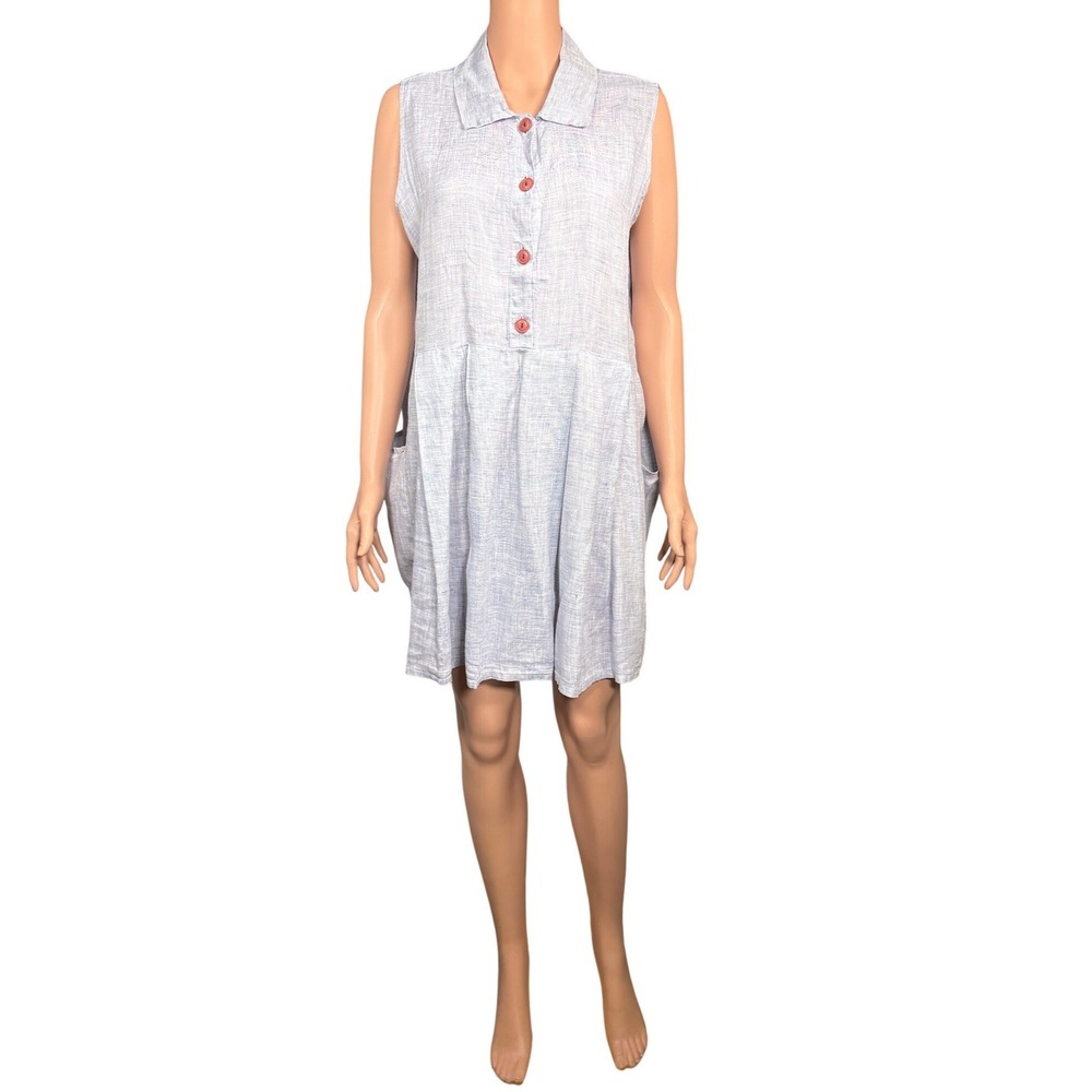 FLAX Jeanne Engelhart Blue Linen Sleeveless Button Front Pocket Shirt Dress M